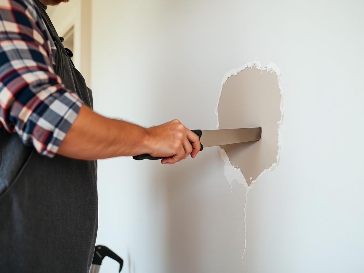 Handyman patching drywall on an apartment wall