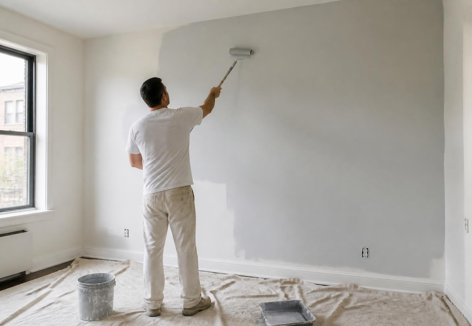 Painter rolling fresh paint on an apartment bedroom wall